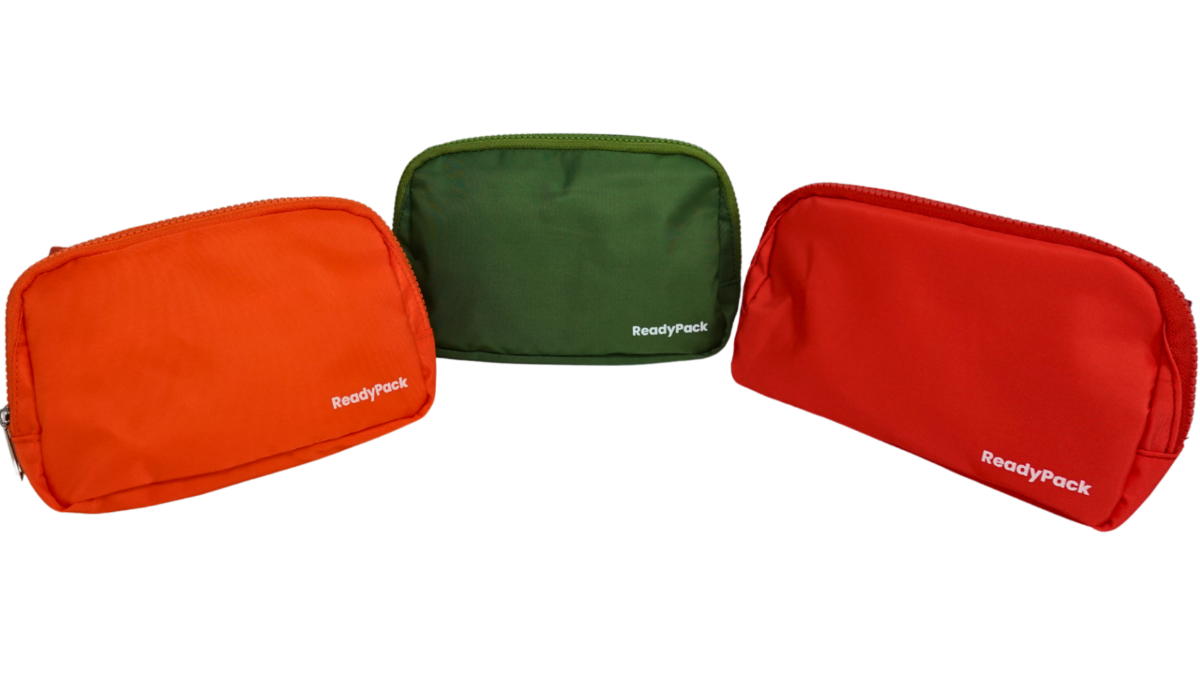 ReadyPack crossbody bags in red, orange, and green on a white background