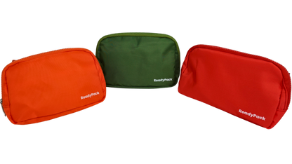 ReadyPack crossbody bags in red, orange, and green on a white background