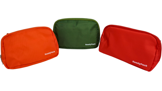 ReadyPack crossbody bags in red, orange, and green on a white background