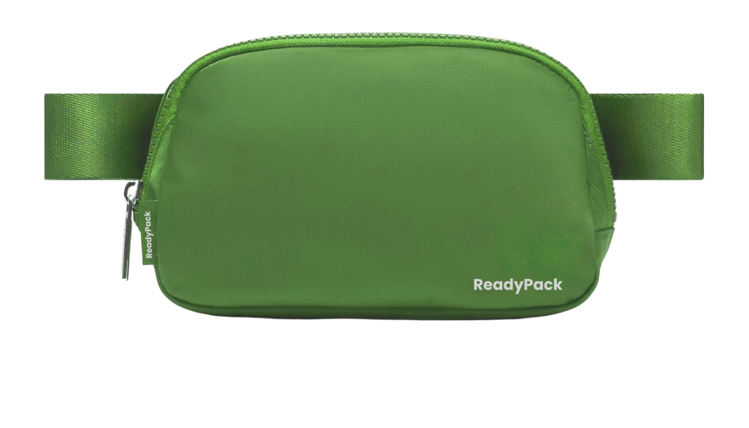 Green waist bag with a visible brand logo on a white background