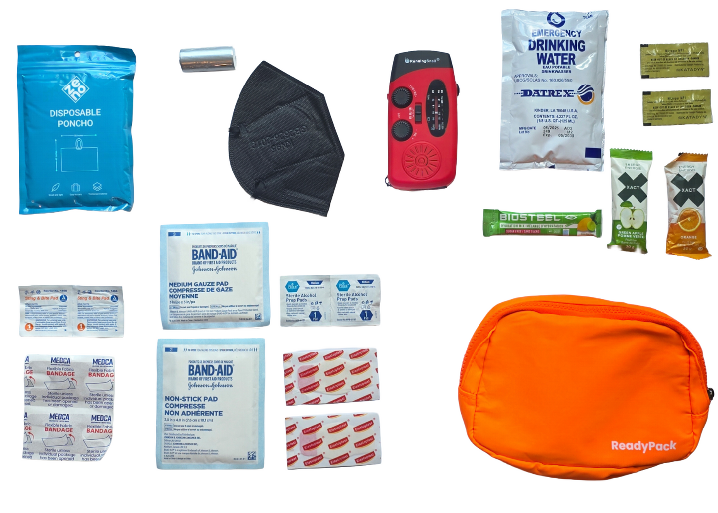 Flatlay of items in an orange bag